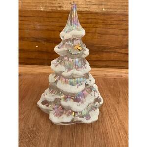 Fenton CHRISTMAS TREE 6.5" Snow Frosted Iridescent White Gold Partridge! GUC MIB